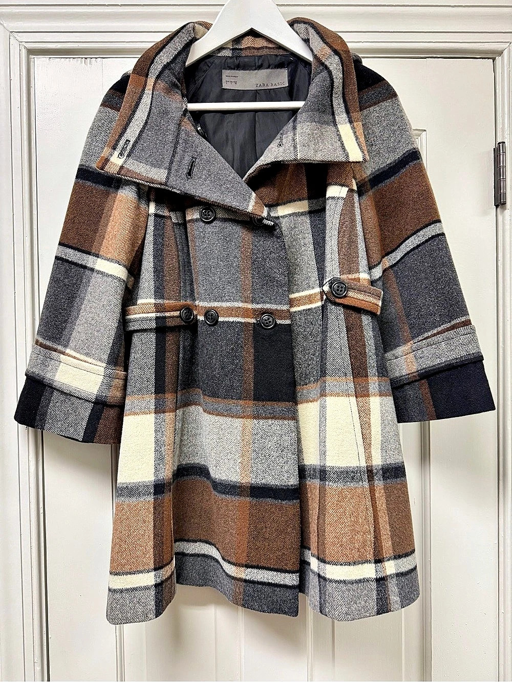 Zara Basic Plaid Double-Breasted Coat – Size L (EUR L / USA L / MEX 38) – Brown/